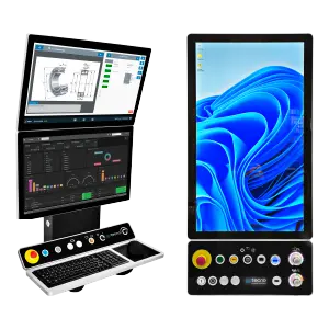 Console HMI Custom per controllo processi delle macchine utensili: pannello operatore con pulsantiera meccanica su misura.