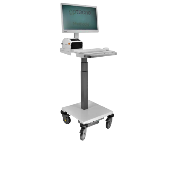 Carrello medicale informatizzato G.P. Tecno Serie Nexus con UPS integrato, Panel PC medicale e regolazione elettrica in altezza per la gestione delle cartelle cliniche digitali.